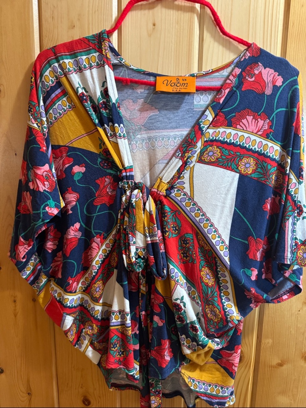 Floral Tie-Front Women's Top in Navy/Red/Yellow